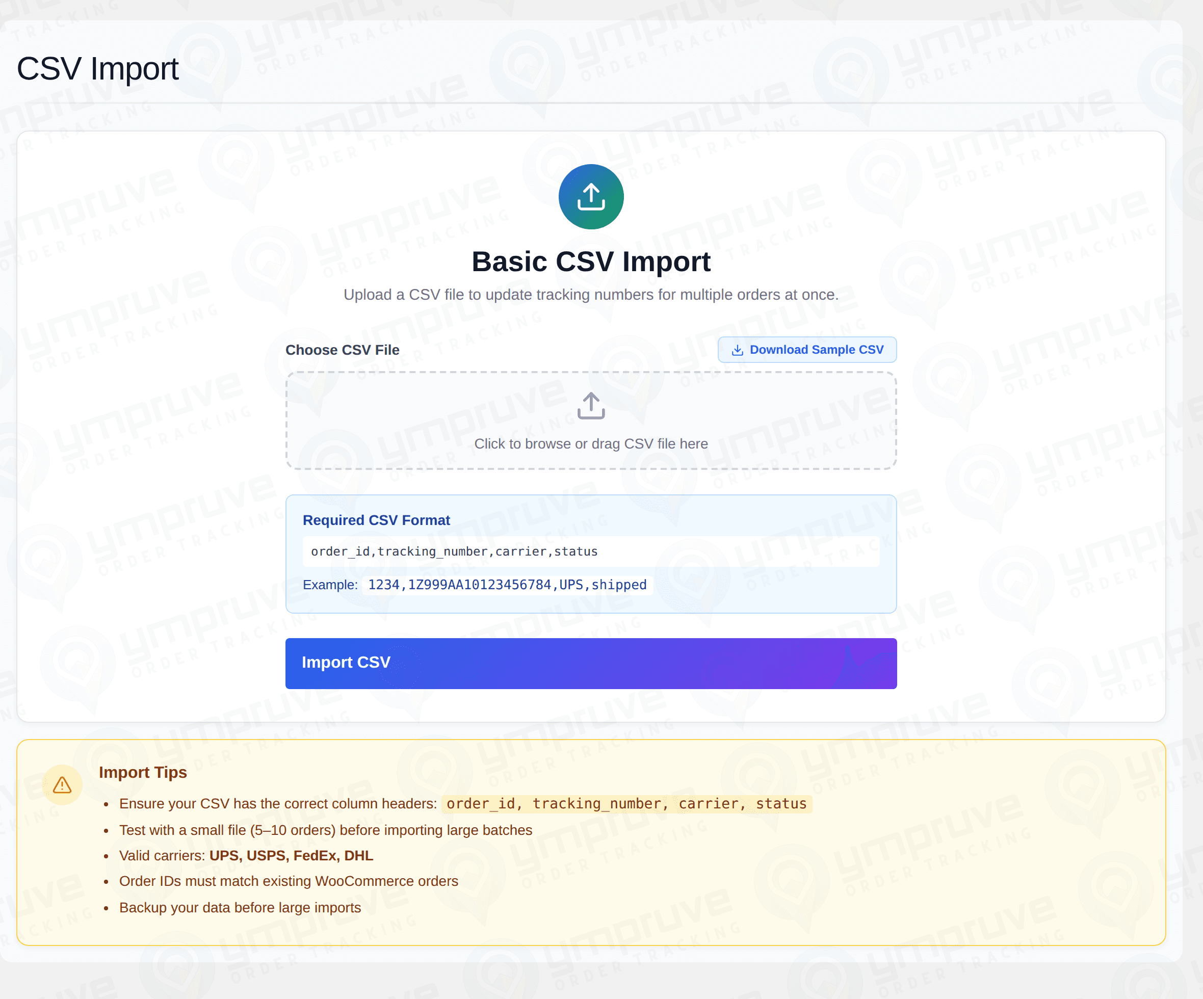CSV import screen for bulk-updating order tracking details