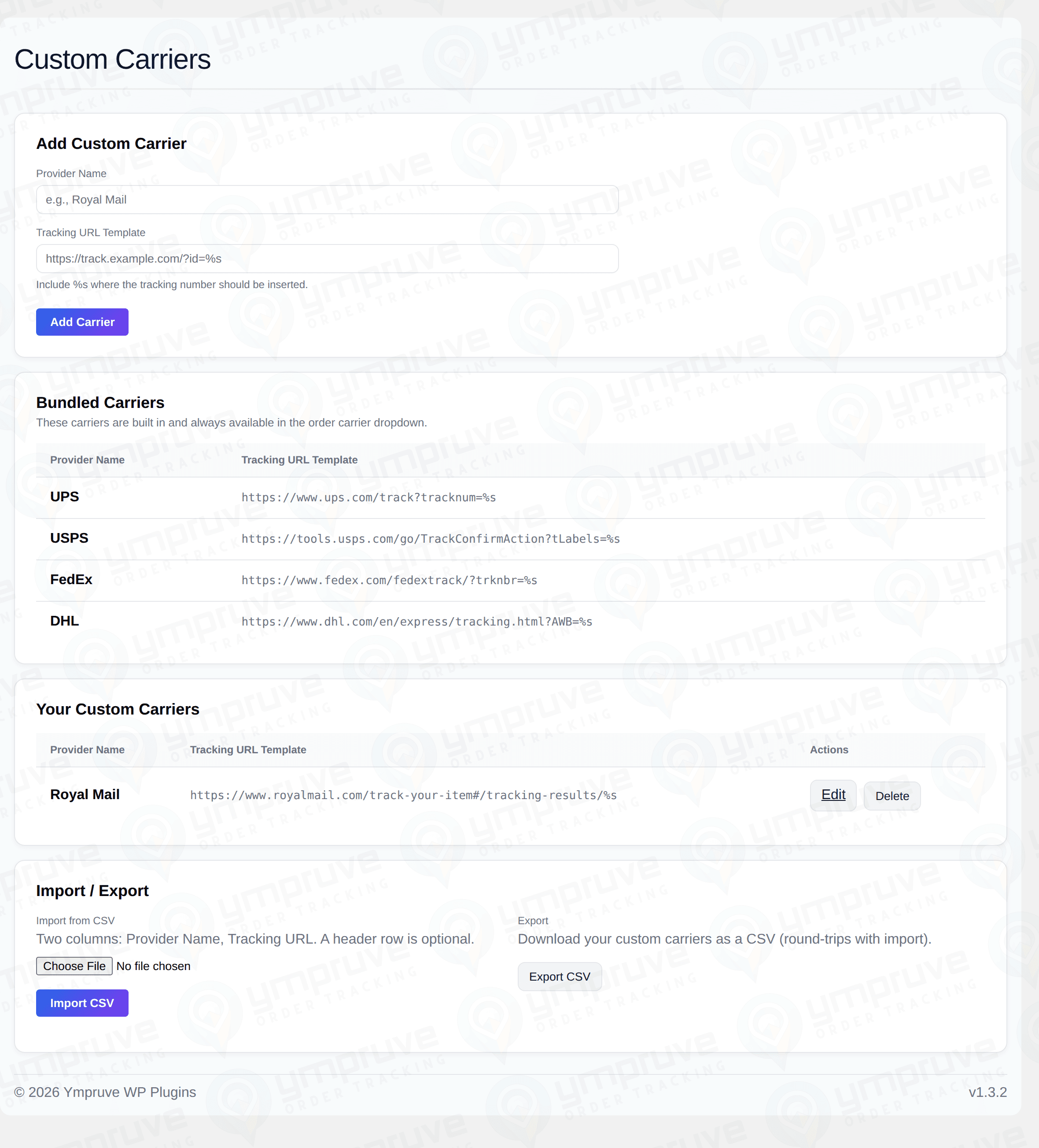 Custom Carriers screen showing bundled carriers, a custom Royal Mail carrier, and CSV import/export