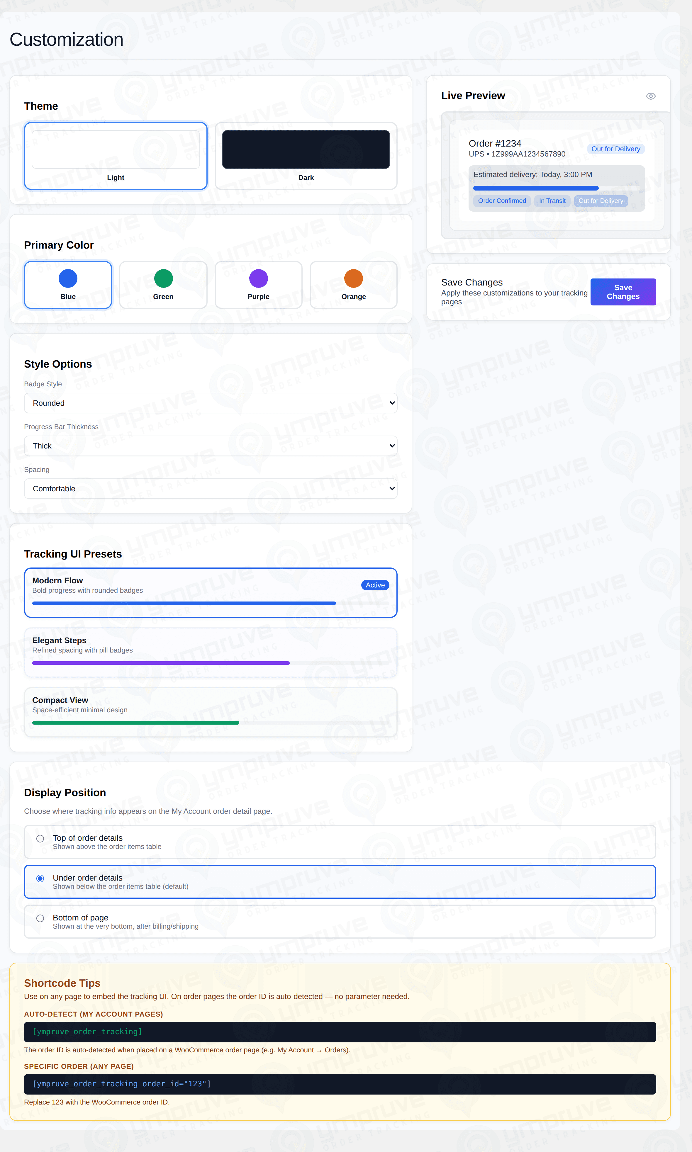 Customization screen with theme, color, style presets, display position, and a live preview