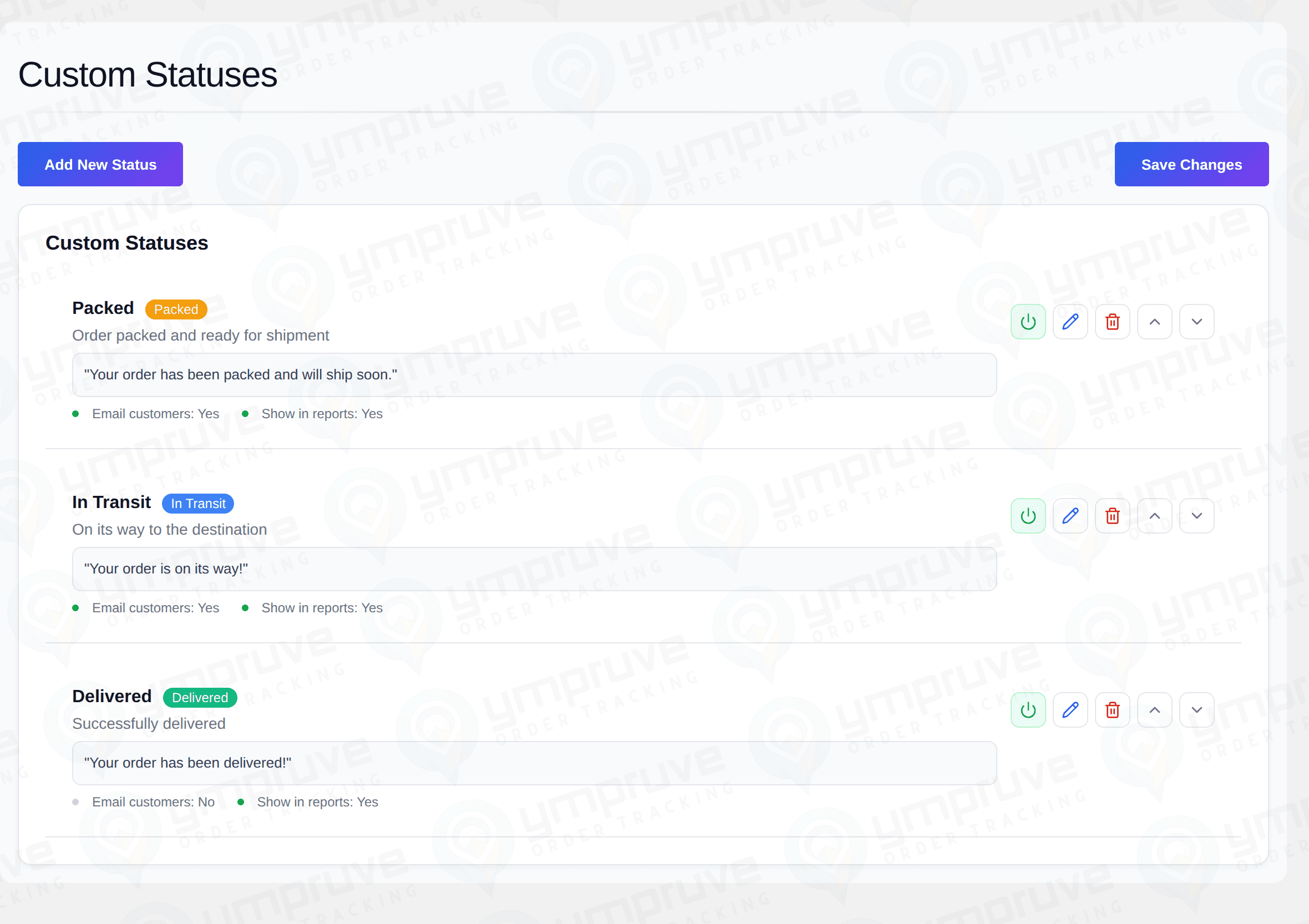 Custom Statuses manager with Packed, In Transit, and Delivered statuses and their customer messages