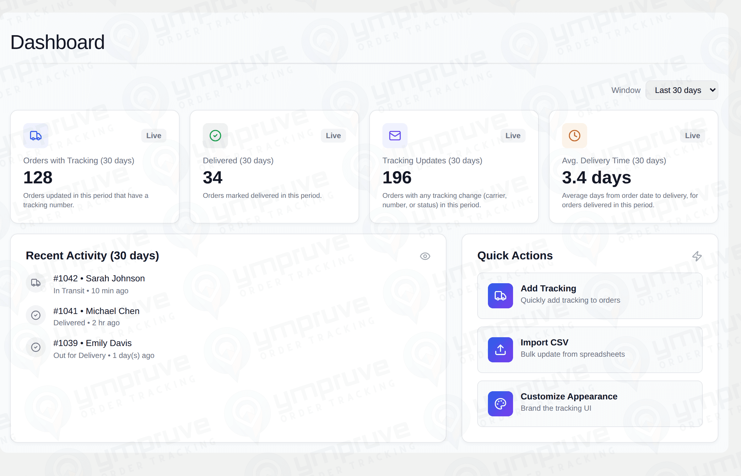 Ympruve Order Tracking admin dashboard showing KPI tiles, recent activity, and quick actions