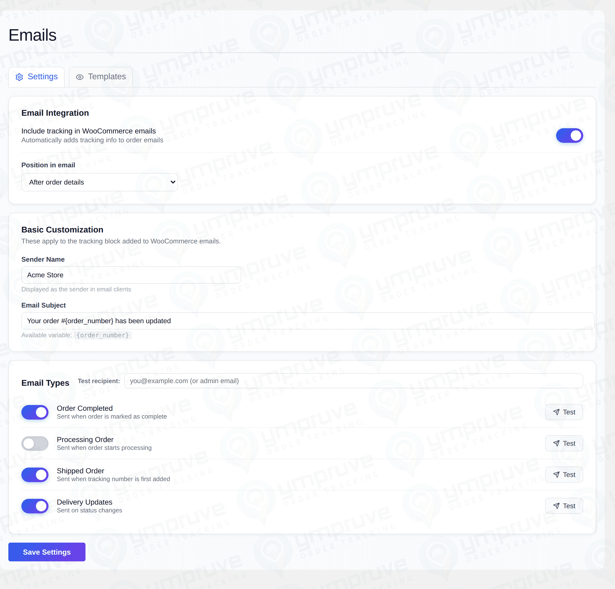 Email settings for appending tracking details to WooCommerce customer emails