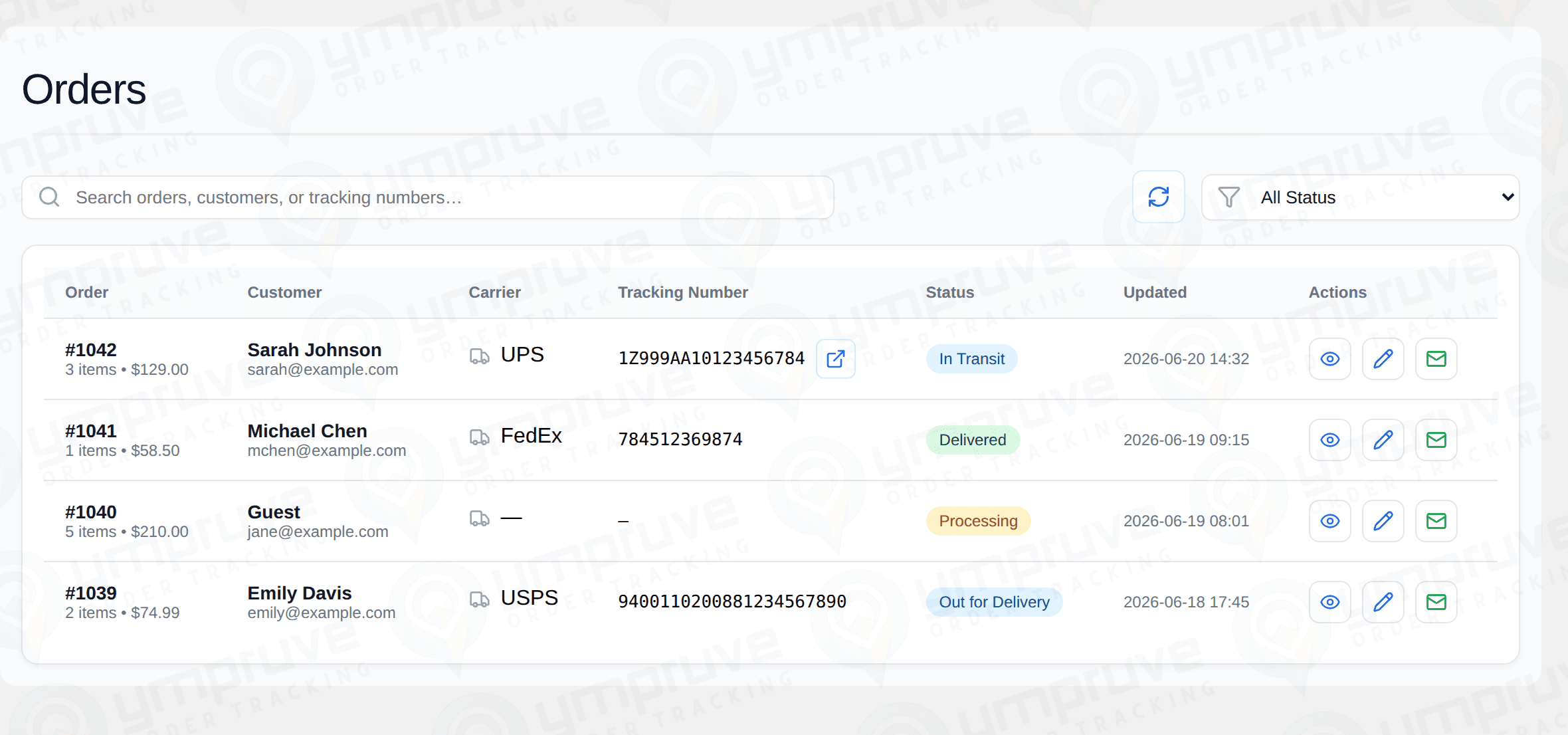 Orders table with carrier, tracking number, status badge, and inline edit actions